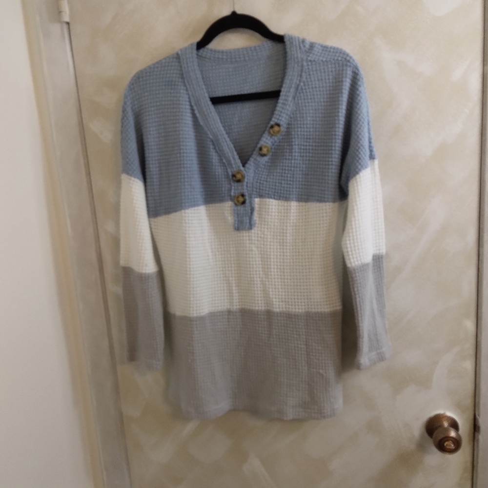 Waffle Weave Henley Look Long Sleeve Striped Top